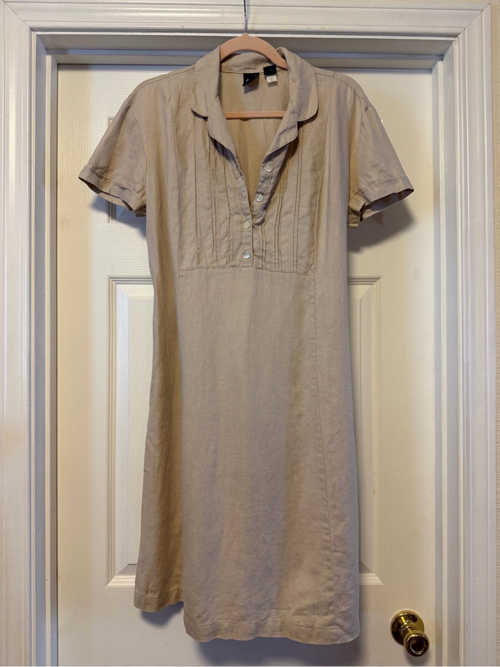 Gap Short Sleeve Linen Shift Dress w/ Shaping Back Ties - Beige - Size 14